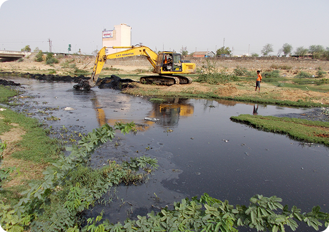 Length of the river that cuts across Jaipur city. Rapid urbanisation in the last 3-4 decades coupled with rampant encroachments in the river area and its catchment areas along with the dumping of sewage, industrial waste water and solid waste converted this once pristine flowing river to a sewage bearing 'nullah'.