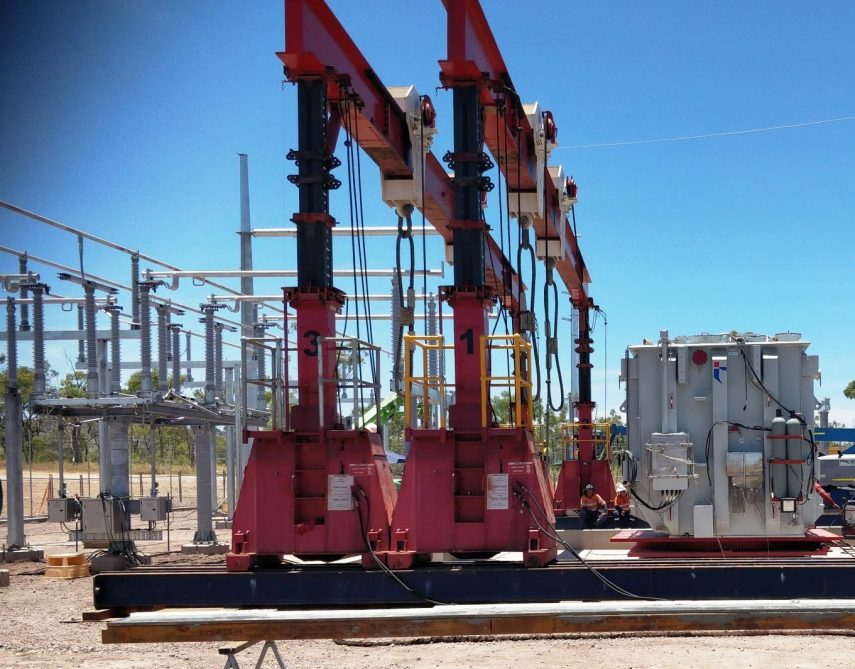 Transformer being installed at the Strathmore substation near Collinsville that will connect the farm to the electricity transmission network from March. Works being executed by Powerlink. The transformers arrived at the Port of Brisbane in mid-January and were transported more than 1250 km by road to site.