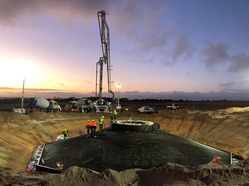 Major structural components begin their journey to site. The first of the turbine parts will be moved from the Henderson Australian Marine Complex to the wind farm site near Eneabba. A total of 153 turbine blades, 153 tower sections and 51 turbine nacelles will be trucked up north over the next few months. 27 out of a total of 51 foundations have been poured ready to receive the wind turbines.