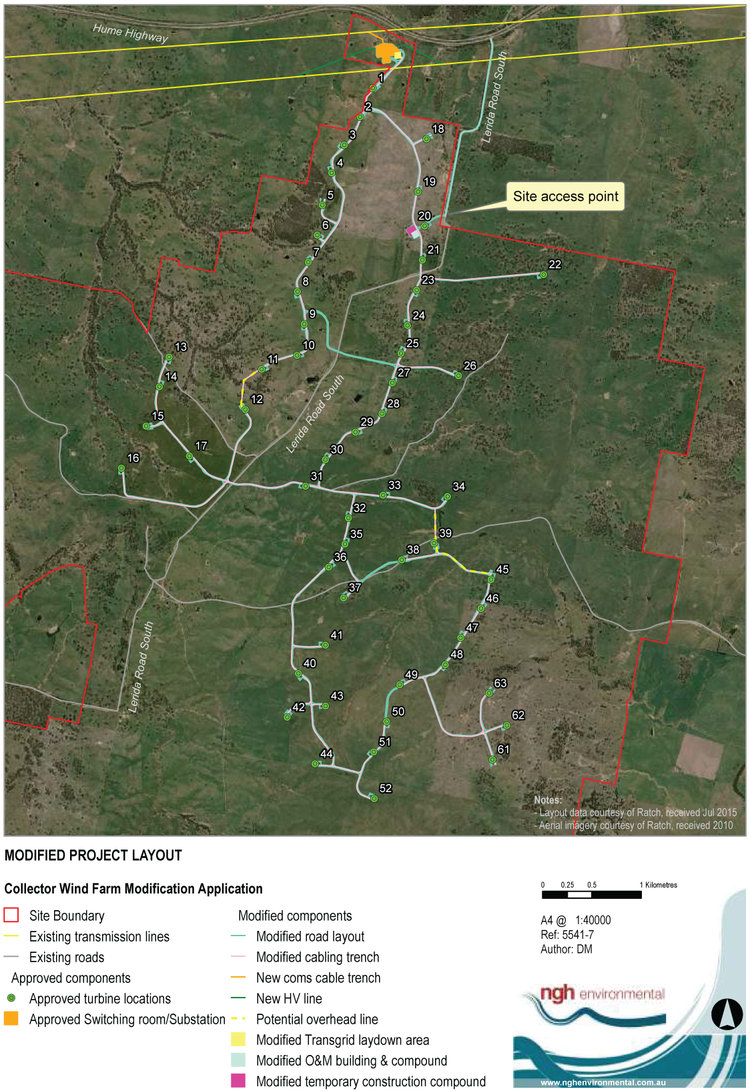Land available for use, of which only around 75-100 hectares will be disturbed during construction. This location was chosen because it is in one of the windiest regions in NSW (within one of six renewable energy precincts identified by the NSW Government). There is a strong grid connection point to export the clean power generated.