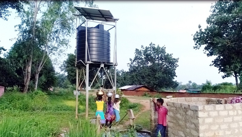 Average rating of the solar systems which power Solar (DC) Submersible pumps of 0.5 to 1.00 HP that draws water from a bore well. Pumped water is stored in a tank (typical capacity of 5,000 litre) which is then used to provide piped water supply to each house through taps.