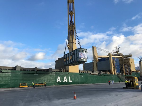 Geelong Port takes delivery of a massive Toshiba made 14m x 5m transformer from Shanghai and will be bound for to a terminal station is Lismore where it will be installed by AusNet Services