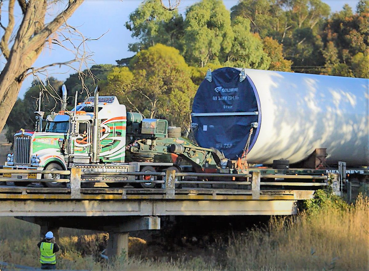 100+ tonne turbine sections make way to the project site through a small bridge. Monash Department of Civil Engineering and Structures Group have been providing Real-time bridge performance monitoring for Victoria Roads.