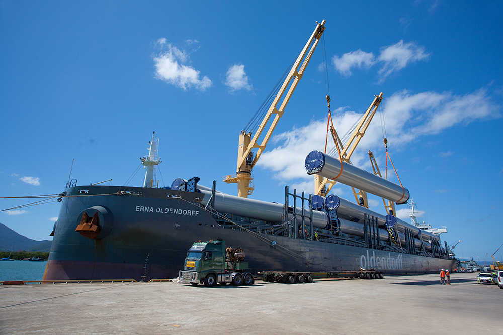 Number of cargo vessels containing blades, towers and more than 450 components will transit through the Port of Cairns, during the life of the project's construction, totalling an estimated 185,000 revenue tonnes of cargo. The shipments represent the largest ever handled by the Port.
