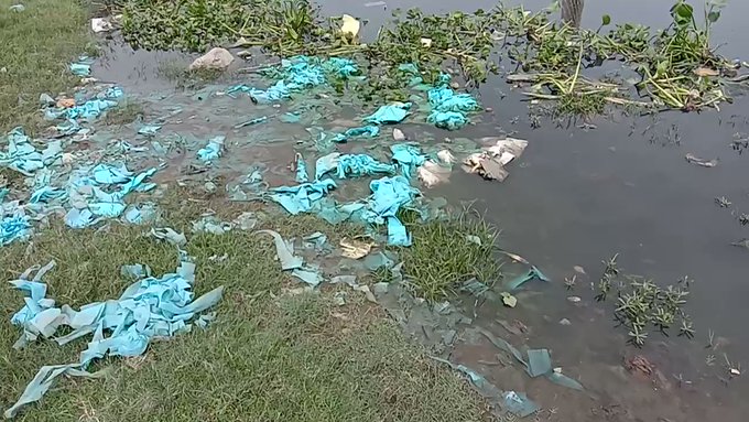 Surgical mask waste found dumped in the river.
