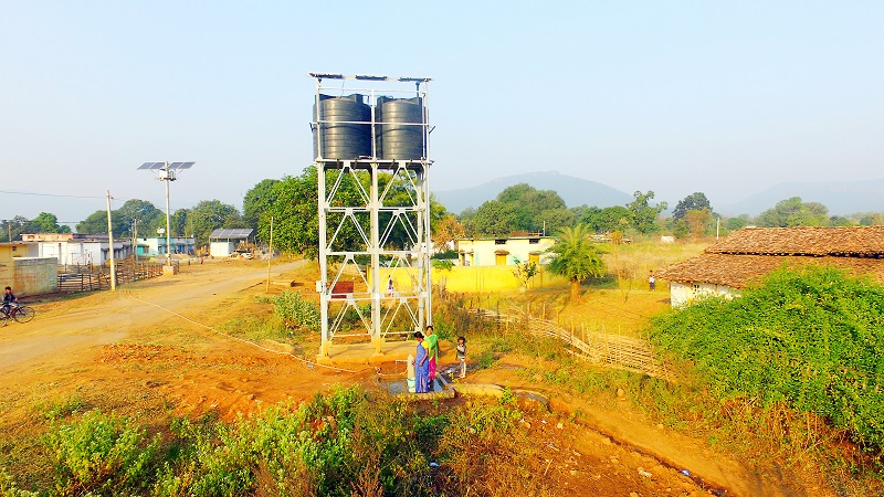 Height at which the water tank is fitted, so that water can be distributed through gravity alone, without need of additional motors for pumping water. Each such tank can feed into a network of pipes and taps that range from 4 to 20, installed in schools, cluster of homes or key locations within the village.
