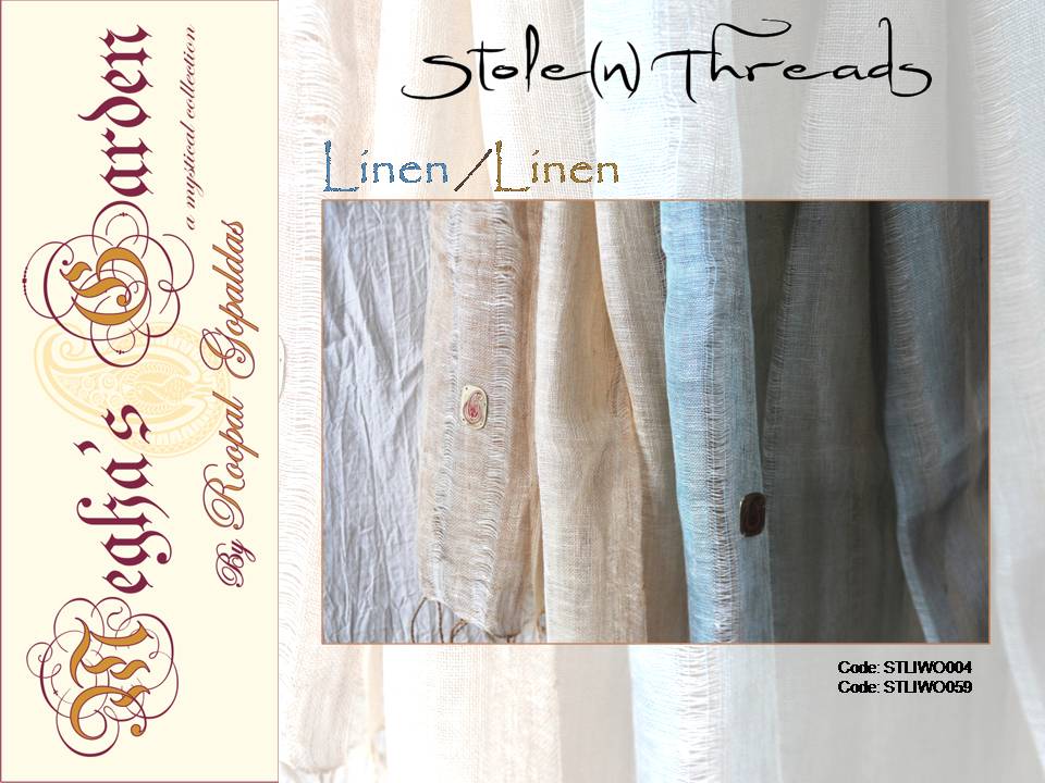 Code: STLIWO004 - SOLD
and STLIWO059 - Available
Price: INR 1,750/- each

To Order: Please write to meghasgarden@gmail.com for details.

An experimental study in weave with Linen in shades of Aqua and tan

Only single pieces.