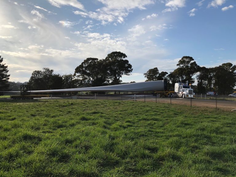 First turbines arrive at the site. Turbine components and 68.7 metre long wind turbine blades travelled roughly 233km from Port Kembla to the site 8km east of the township of Biala in the state’s Southern Tablelands.